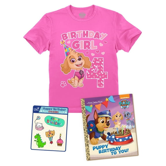 4 Years Old 4th Birthday Shirt Toddler Girl Paw Patrol Birthday Gift Shirt Book and Stickers Tshirt Book Sticker Pink 5T