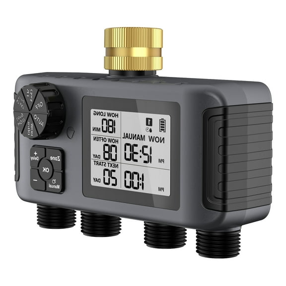 4 Zone Garden Hose Timer Automatic Manual Rain Delay Modes IPX5 Weatherproof Brass Faucet Irrigation Controller For Yards