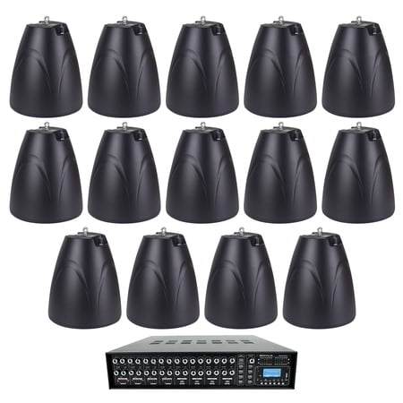4-Zone Matrix Multi Room Amplifier+14 6.5" Black Pendant Speakers For Restaurant