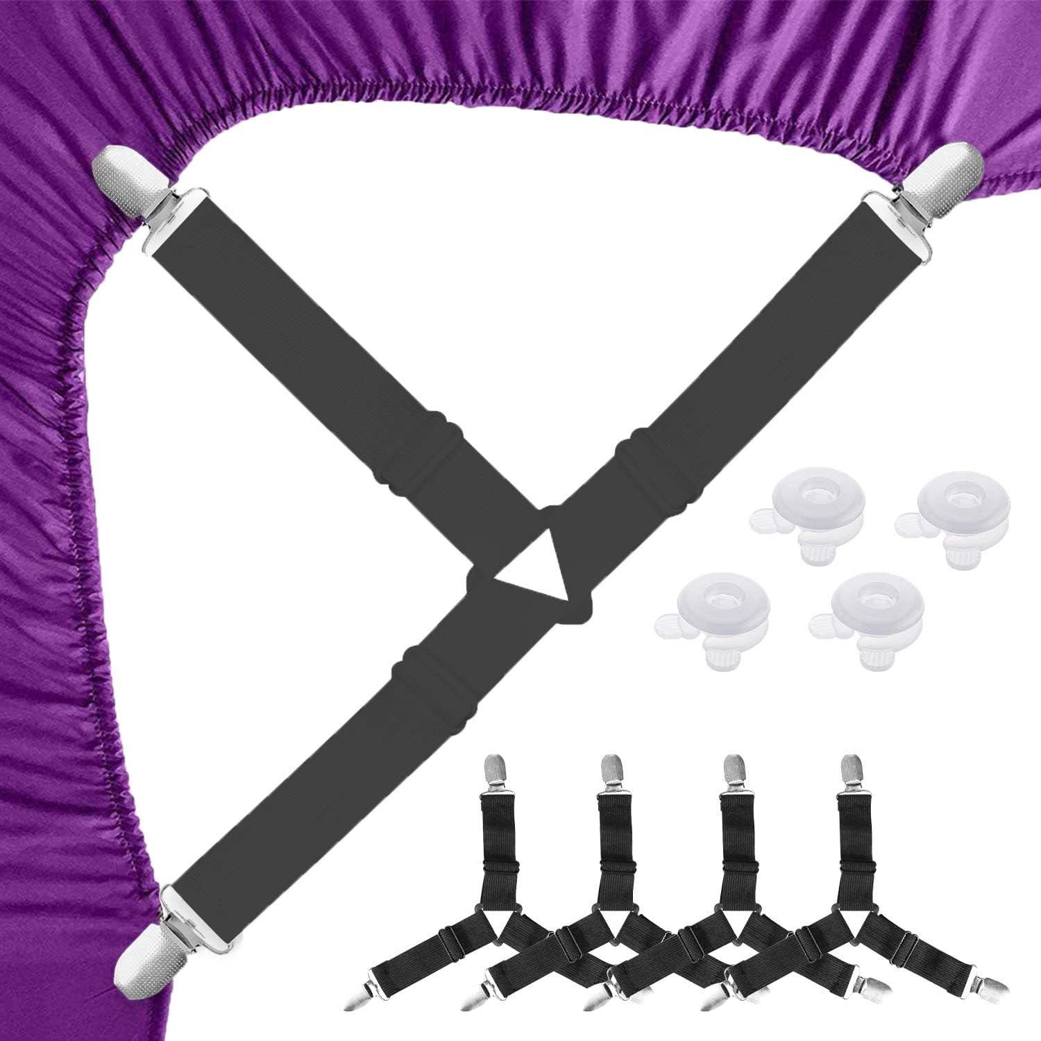 4 adjustable bed sheet fasteners, elastic triangular shoulder strap