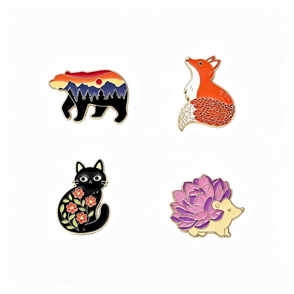 4 animal brooches, cute fox, cat, hedgehog, bear shaped button badges,Alloy material, suitable for hanging on clothes, hats, and bags, as a collectible gift for friends and animal enthusiasts