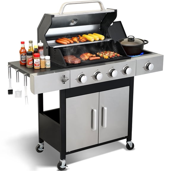 Garden It 4-Burner Propane Gas Grill with Side Burner, 49,000 BTU Cast Iron Grates, Storage Cabinet & Pull-Out Grease Tray for Outdoor Backyard Patio