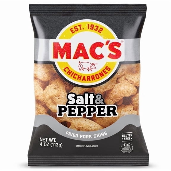 4 bags  Mac's Salt and Pepper Chicharrones Pork Rinds, Pork Skins, 4 oz Bag