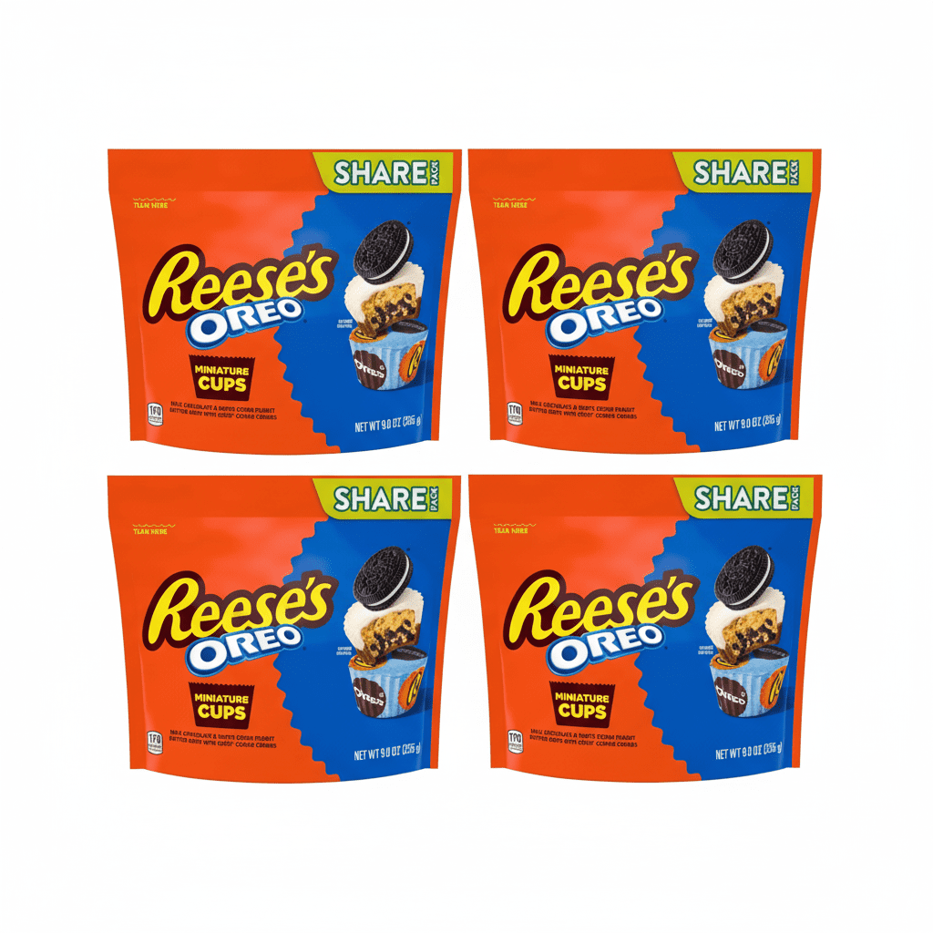 4 bags of Reese's OREO Miniatures Milk Chocolate and White Creme Peanut Butter Cups Candy, Share Pack 9 oz