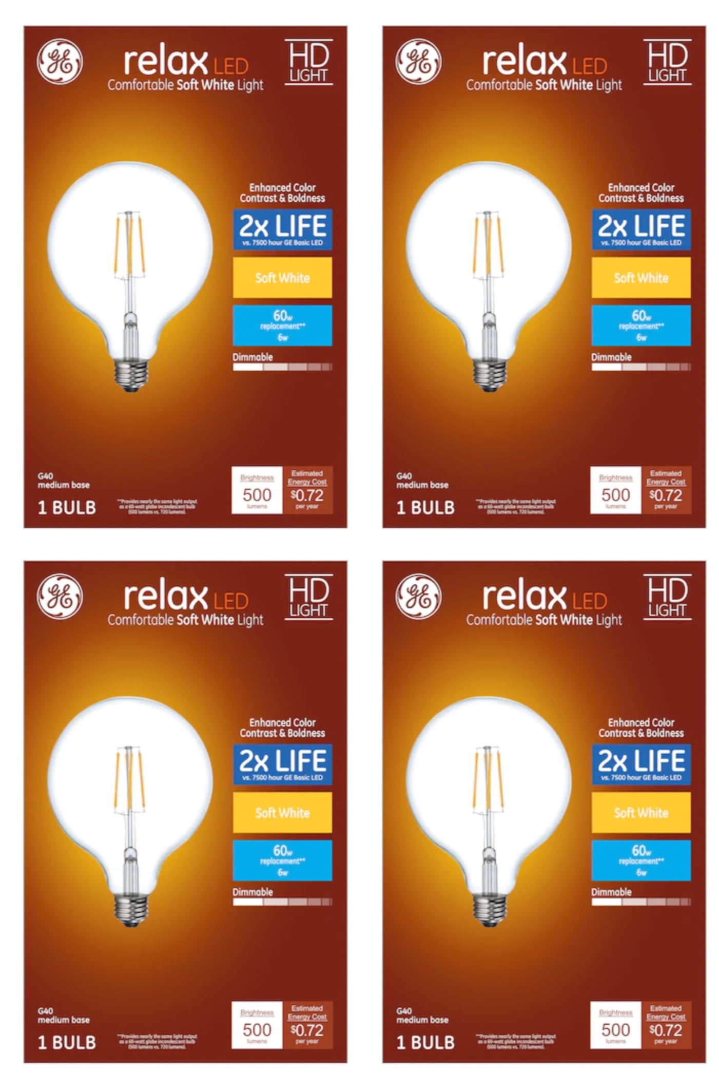 4 bulbs GE 41857 relax LED G40 Globe HD Light 60 watt