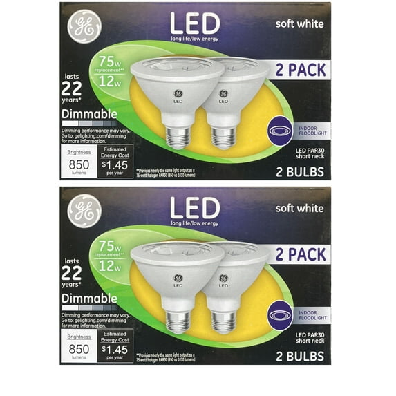 (4 bulbs) GE 96924 PAR30 short neck LED 12 Watt (75 watt equivalent) 850 Lumen, Dimmable Indoor Floodlight with Medium Base, Soft White Light Bulb