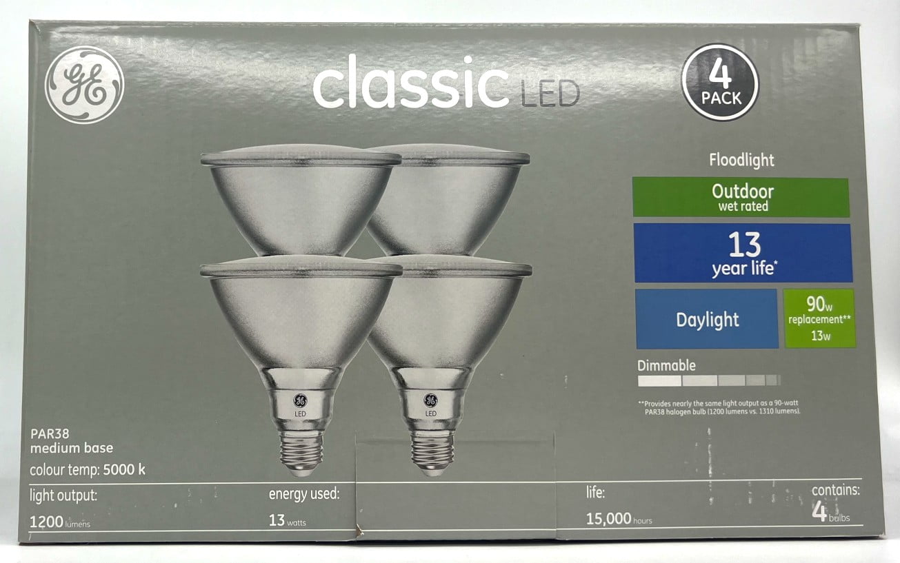 (4 bulbs) GE Classic LED PAR38 Outdoor floodlight, 13 watt, 1200 lumen, Daylight 5000K, Dimmable, medium base