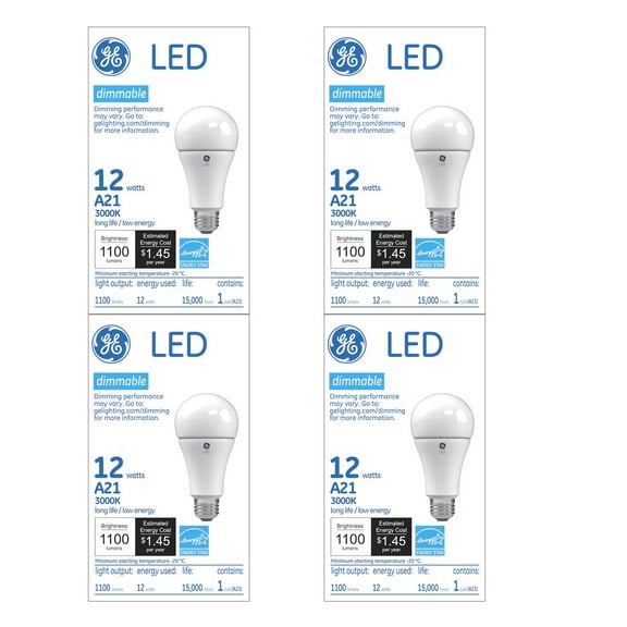 (4 bulbs) GE LED A21, 12 Watt, 1100 Lumen, 3000K, Dimmable, Medium Screw Base, 5. 16 IN Length, 15000 HR Average Life