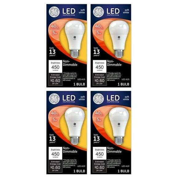 (4 bulbs) GE Lighting 61956 LED A19 Light Bulb, Soft White, 450 Lumens, 5-Watt, non-dimmable