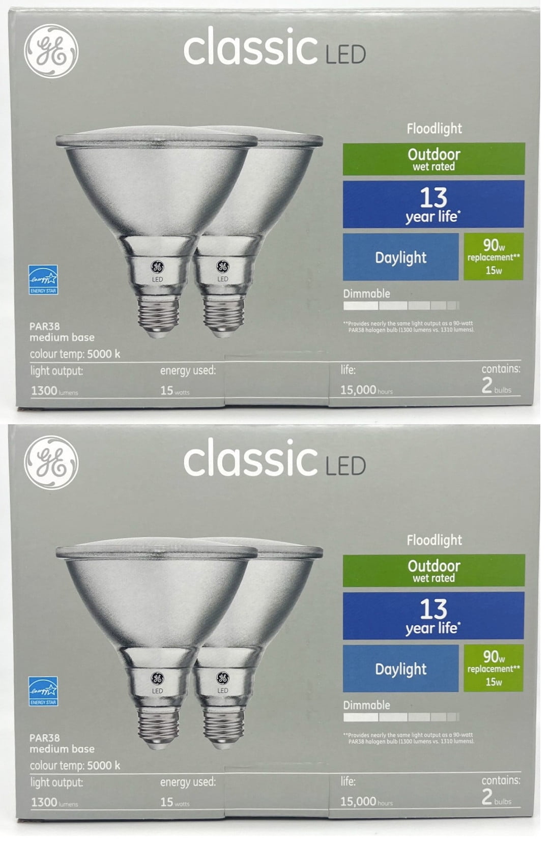 (4 bulbs) GE classic LED PAR38 Floodlight, 15 watts, 1300 Lumens, Outdoor Wet rated, Daylight 5000K, Dimmable, Medium base,  LED floodlight (90 watt replacement)