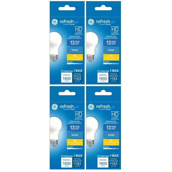 (4 bulbs) GE refresh LED A21 1600 lumens, 100 watt equivalent using only 13.5 watts, bright energetic daylight