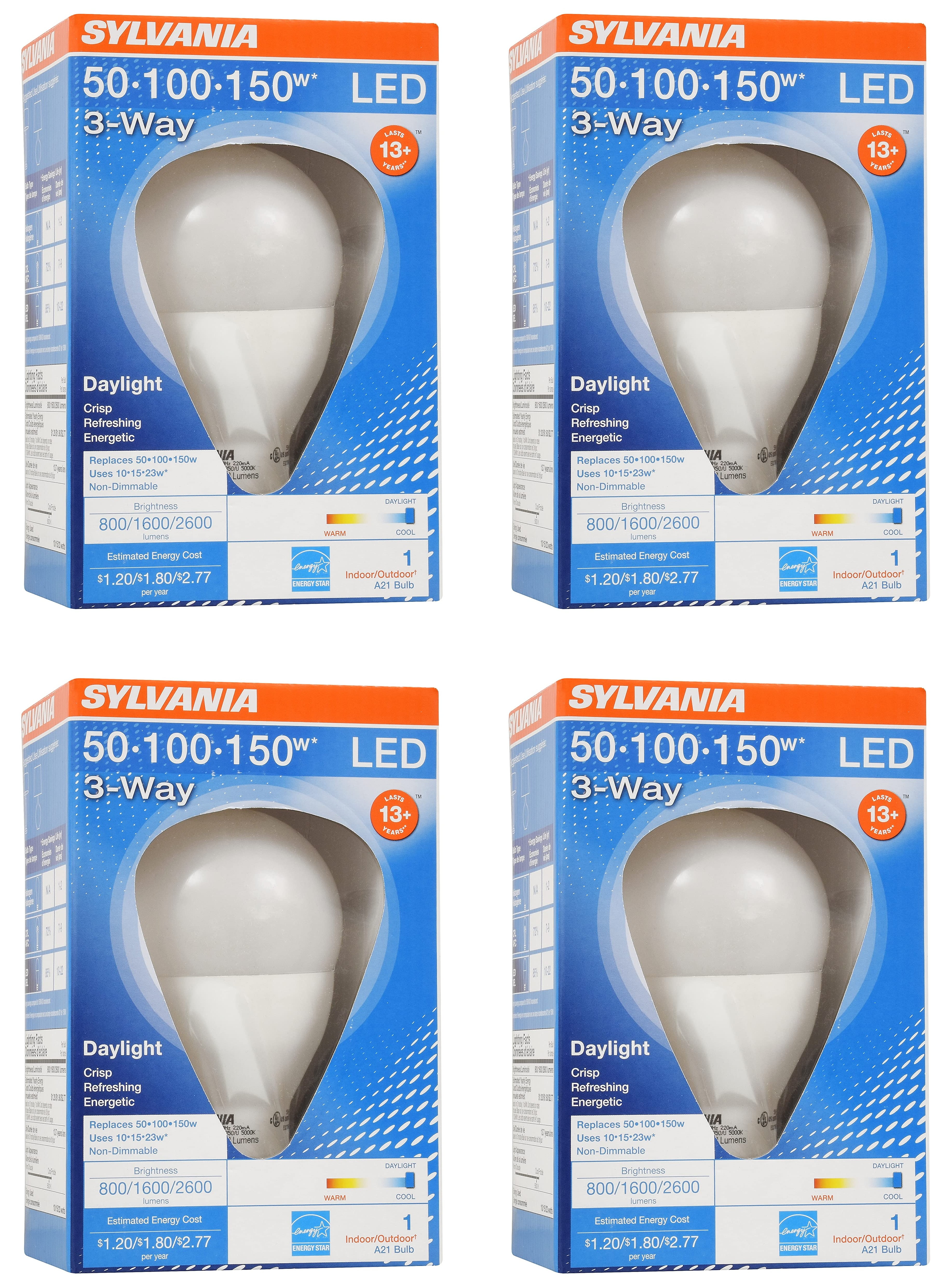 4 bulbs SYLVANIA A21 LED Light Bulb 3 Way 50W 100W 150W 13