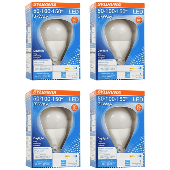 (4 bulbs) SYLVANIA A21 LED Light Bulb, 3 Way, 50W/ 100W/ 150W, 13 Year, Non-Dimmable, Up to 2600 Lumens, 5000K, Daylight (79770)