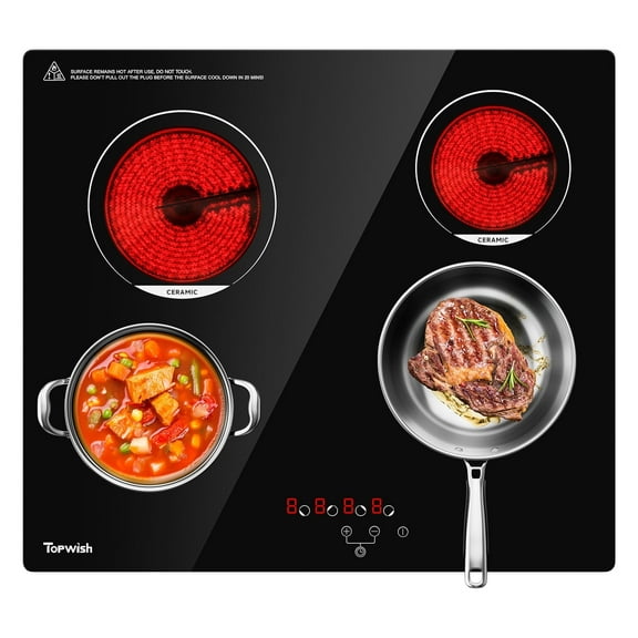 TOPWISH 24" 4-Burner Drop-In Electric Cooktop, 6000W Radiant Ceramic Stove Top, 220–240V Hard-Wired, 9 Heat Levels, Touch Control, Timer & Child Safety Lock