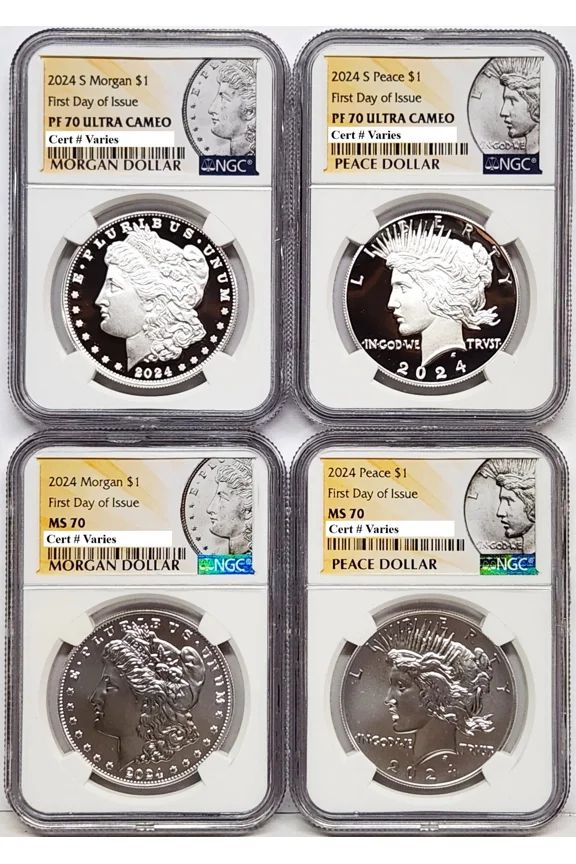 US Mint, 4 Coin Set 2024 Morgan and Peace Silver Dollars, NGC MS and PF 70 First Day of Issue, Morgan and Peace Labels