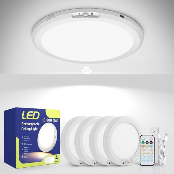 4 count 10,000mAh Rechargeable Ceiling Light with Remote,   Shower Lights 3000K/4000K/6000K,   Light for Closet  Operated, Motion Sensor Lights No Wiring