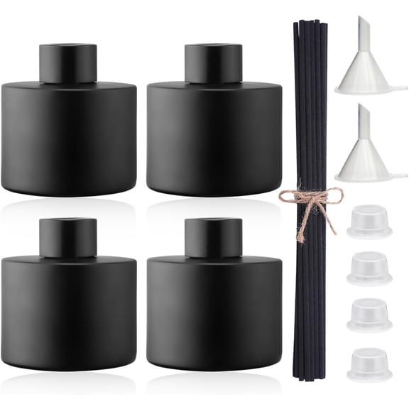 4 count 100ML Glass Diffuser Bottles Black, Refillable Empty Perfume Reed Bottles with 20 count Reeds Sticks & Caps & Funnel, Diffuser Jars for DIY Oil Wedding Party Decoration