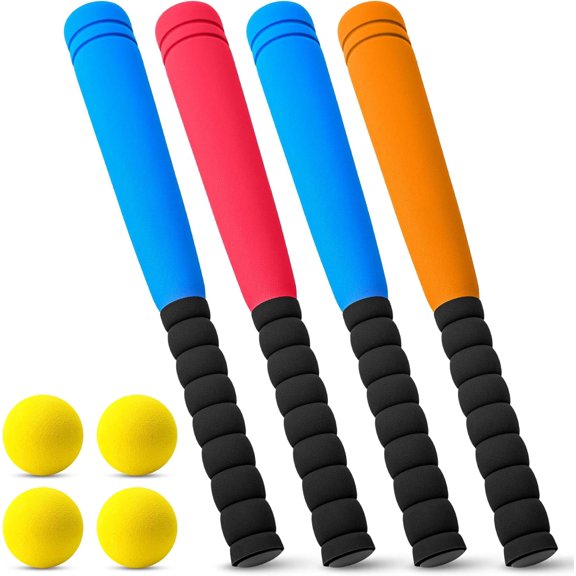 4 count 16.5" Baseball Bat with Balls Soft Mini Baseballs T Ball Bat Set for Outdoor Indoor Beginners Practice Playing (Red, Blue, Orange)