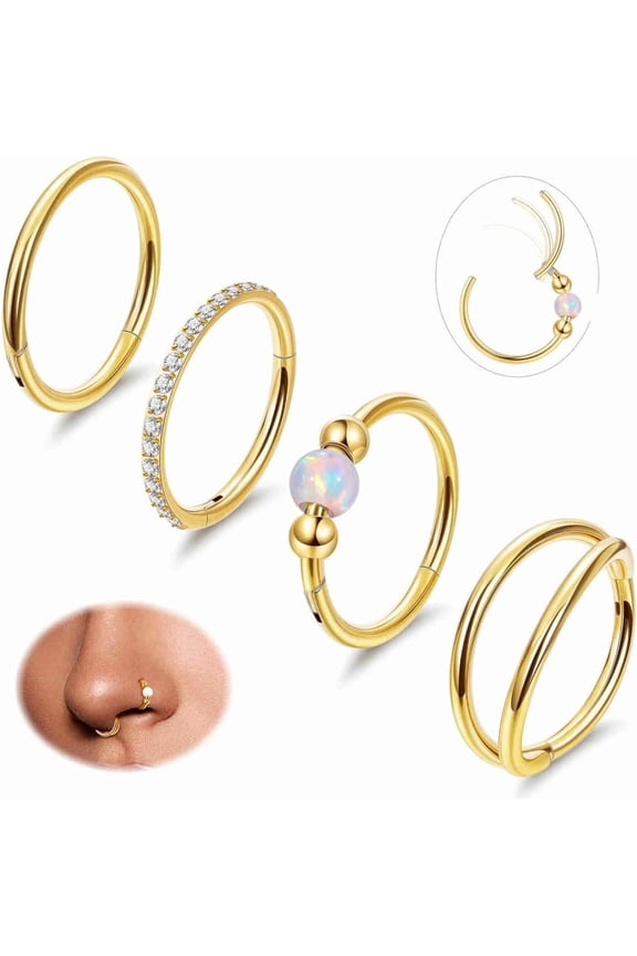 4 count 18G 20G Surgical Steel Nose Ring Hoop for Women Men Hinged Double Nose Hoop CZ Opal Clicker Septum Nose Hoops Cartilage Conch Tragus Rook Ring Lip Daith 7-9MM