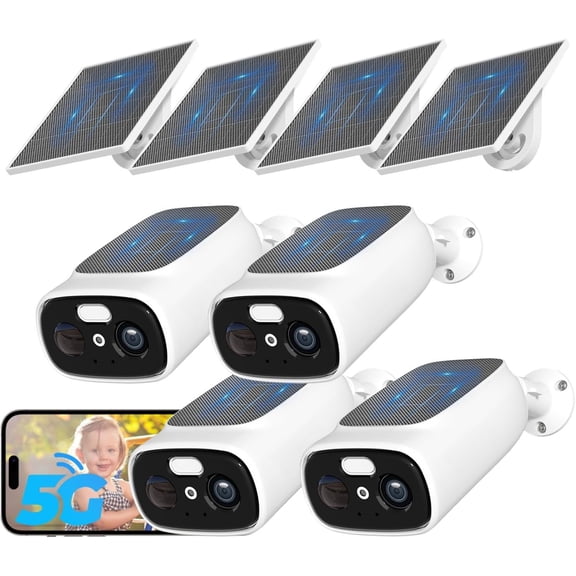 4 count 2.4G/5G WiFi Cameras for with Double Solar Panels, Solar Cameras Outdoor, Color Night Vision , 2-Way Talk, Spotlight, Siren,IP66, Cloud/SD, AI Detection, W/Alexa