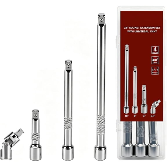 4 count 3/8" Drive Socket Extension Bar Set,Socket Extension Set Include 3",6",10" Extensions and 3/8" Drive  Joint Sockets,Cr-V Steel Construction Material Sockets Wrench Ratchet Extender