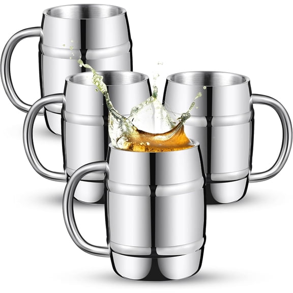 4 count 304 Stainless Mugs 15 oz Double Wall Coffee Cup Stein Cup with Handle for Party Travel Tumbler Insulated Cold Hot Drinks