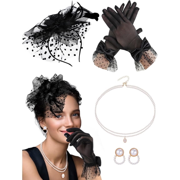 4 count 50s Fascinator Hat for Women Party Black Funeral Veil Hat for 20s 50s Party Accessories