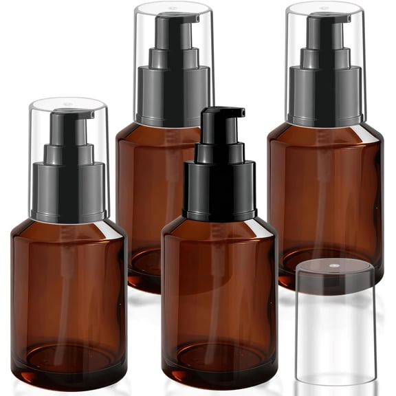 4 count 60ml/2oz Empty Glass Pump Bottles Refillable Travel Pump Dispenser Sample Container for Lotion Shampoo Shower Gel Conditioner and (Brown)
