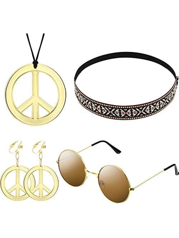 4 count 70s Hippie Accessories Set Boho Peace Sign Sunglasses