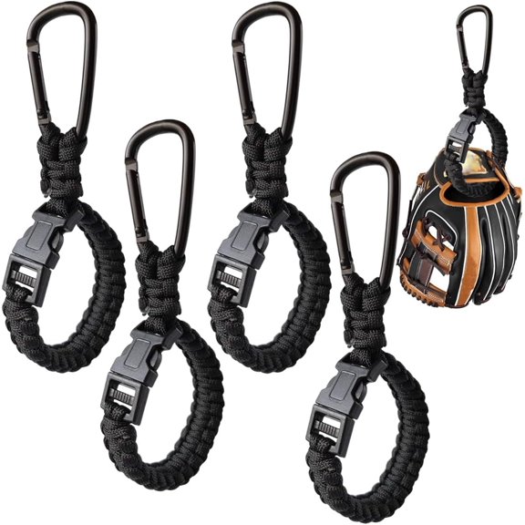 4 count Baseball Glove Clip for Bags, Paracord Gear Holder with Hook Clip, Portable Equipment Drying Rack for Baseball Softball Gloves, Travel Accessory for Athletes (4-Black)