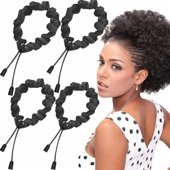 4 count Black Adjust Satin Hair Scrunchies for Women Girls, Adjustable Hair Ties Soft Than Silk for 4c Girlie Thick Curly Hair, Easy to Use Hair Accessories for Afro Puff Loc Ponytails