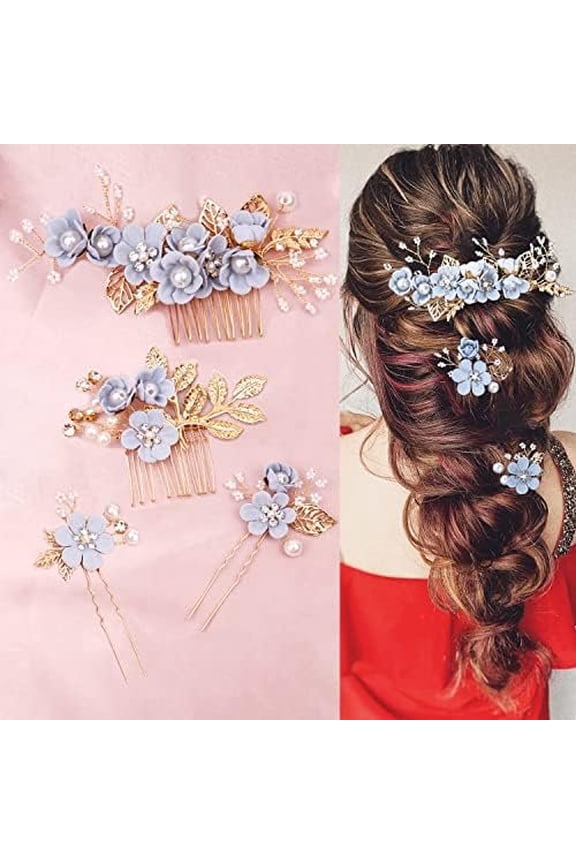 4 count Blue Bridal Flower Wedding Hair Pins Hair Pins Clips Headpiece Wedding Hair Accessories with Rhinestone for Brides Bridesmaids Women Girls Updo