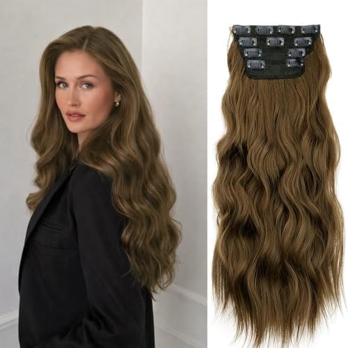 4 count Clip in Hair Extensions Chestnut Brown Long Wavy Hair Extensions 20 Inch Synthetic Hairpieces Clip Ins for Women Daily Party Use