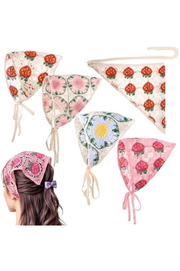 4 count Crochet Bandanas Headbands for Women, Floral Knitted Daisy Headscarf with Tie-, Scarf Hairband for Girls, Bohemian Kerchief Headwrap for Thin Thick Curly Hair Styling