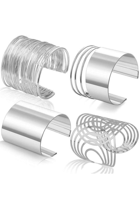 4 count Cuff Bangle Bracelet for Women Open Wide Wire Bracelets Wrist Cuff Wrap Bracelet