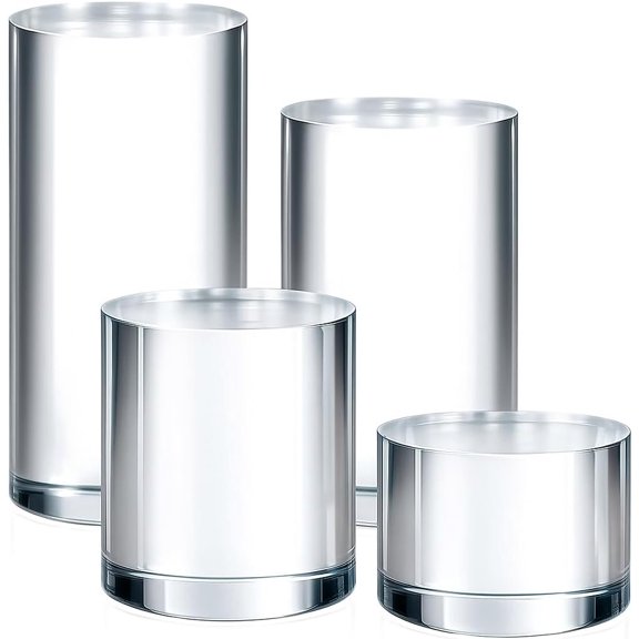 4 count Cylinder Risers Display Stand, Clear Polished Round Display Blocks Transparent Photo Props, Mini Solid Pedestal Base for , Perfumes, Figurines, 4 Sizes