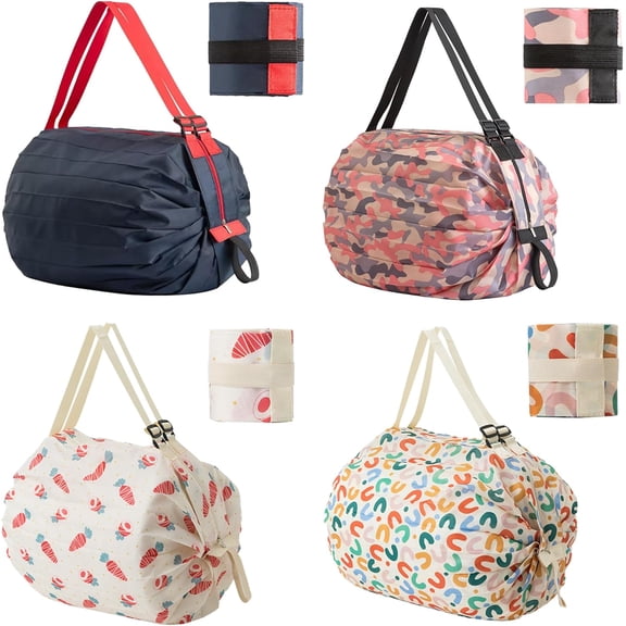 4 count Foldable Shopping Bags 210D Nylon Grocery Tote Travel Duffel Bag with Zipper & Adjustable Strap