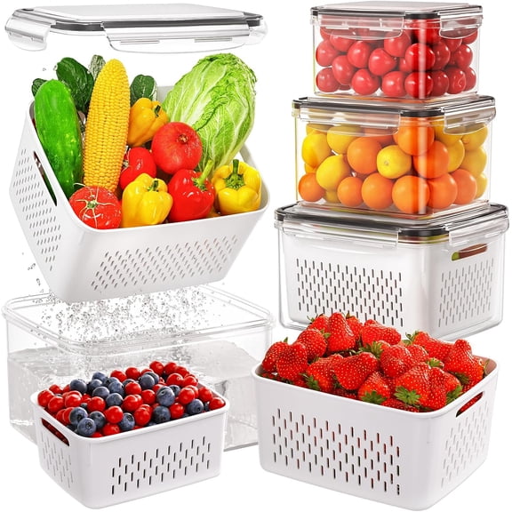 4 count Fruit Storage Containers for Fridge, Produce Containers for Fridge with Removable Colander, -In-One Fruit Washing Bowl with Strainer Microwave/Dishwasher Safe for Salad Berry Lettuce Keeper