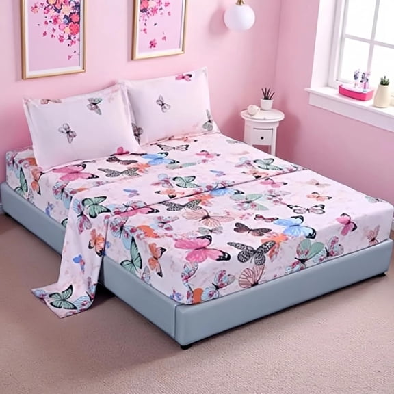 4 count Full Size Butterfly Bedding Sheet Set,  Microfiber Bed Sheet, with1 Top Flat & 1 Fitted Sheet with 2 Pillowcases, 14 Inches Deep, Full