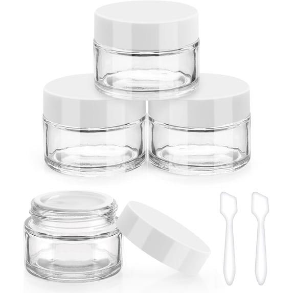 4 count Glass Jars with White , 1 OZ Travel Container Round Glass Jars with Inner Liners & 2 count Spatulas, Makeup Sample Container Storage for DIY Making , Cream, Ointments
