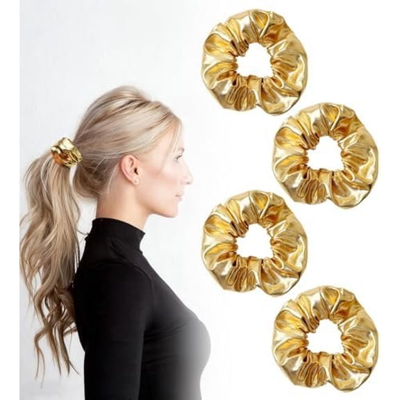 4 count Hair Scrunchies, Shiny PU Leather Hair Ties for Women & Girls, Elastic Glam Hair Accessories for Cheerleading Teen Girls College Ponytail & Daily Use