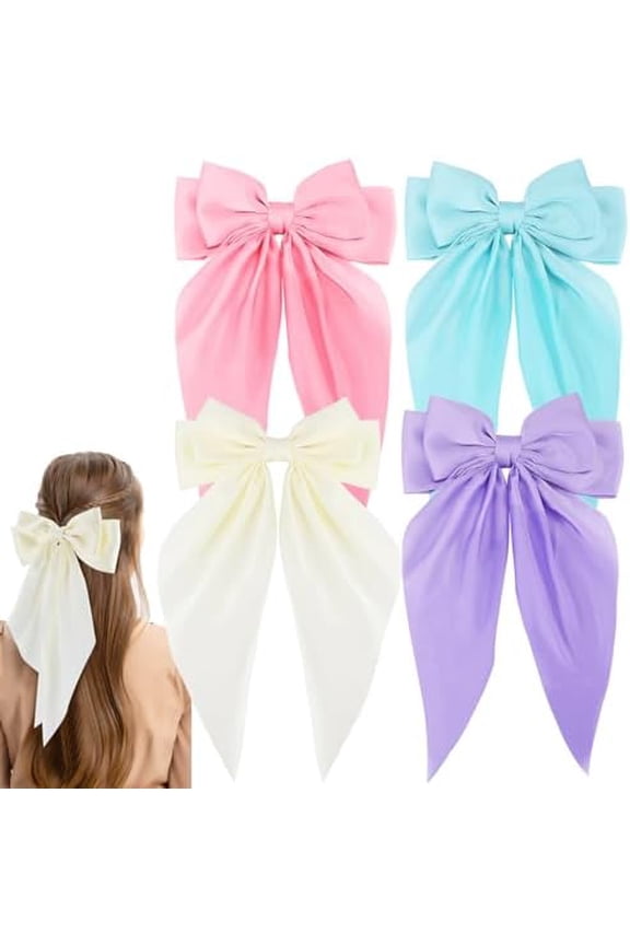 4 count HairBows for Women Girls  Silky Satin Large Bow Hair Clips  Bows Ribbon Hairpin Long Tail Cute Beige Blue  Purple Colorful  Bow Hair Barrettes Hair Accessories
