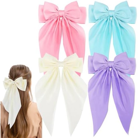 4 count HairBows for Women Girls Silky Satin Large Bow Hair Clips Bows Ribbon Hairpin Long Tail Cute Beige Blue Purple Colorful Bow Hair Barrettes Hair Accessories