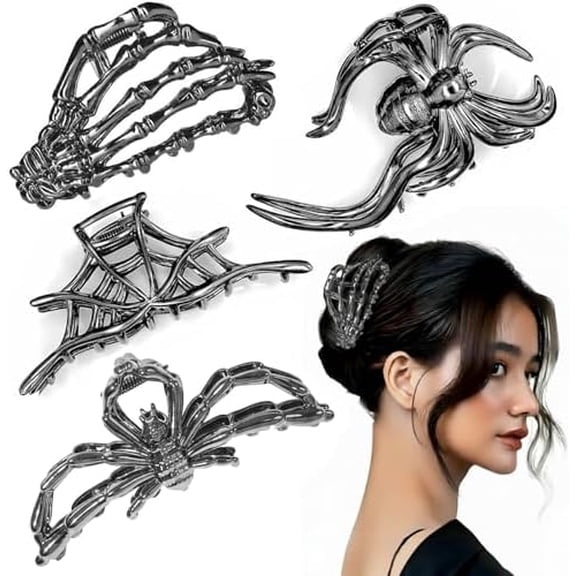 4 count Halloween Large Spider Web Skeleton Hand Skull Hair Clips for Women Thick Fine Hair, Gothic Metal Hair Claw Barrette Accessories for Party , Metallic Black