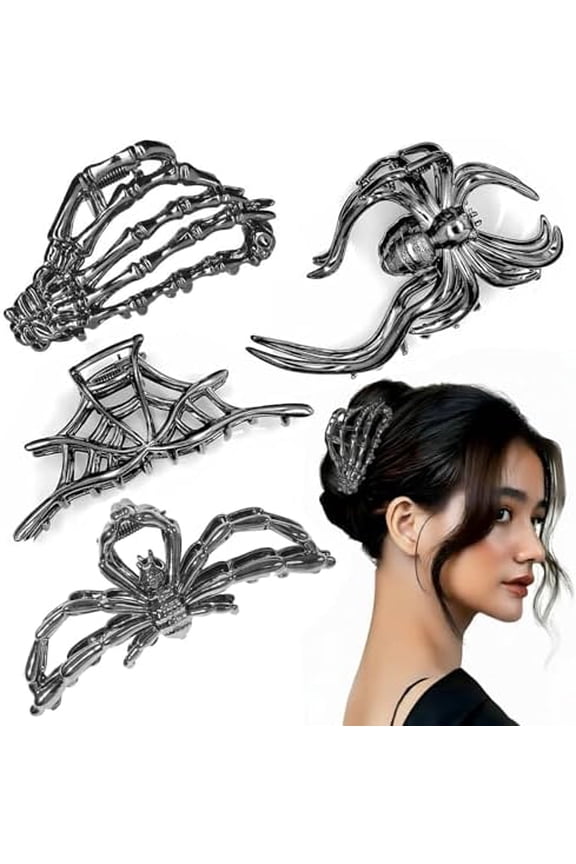 4 count Halloween Large Spider Web Skeleton Hand Skull Hair Clips for Women Thick Fine Hair, Gothic Metal Hair Claw Barrette Accessories for Party , Metallic Black