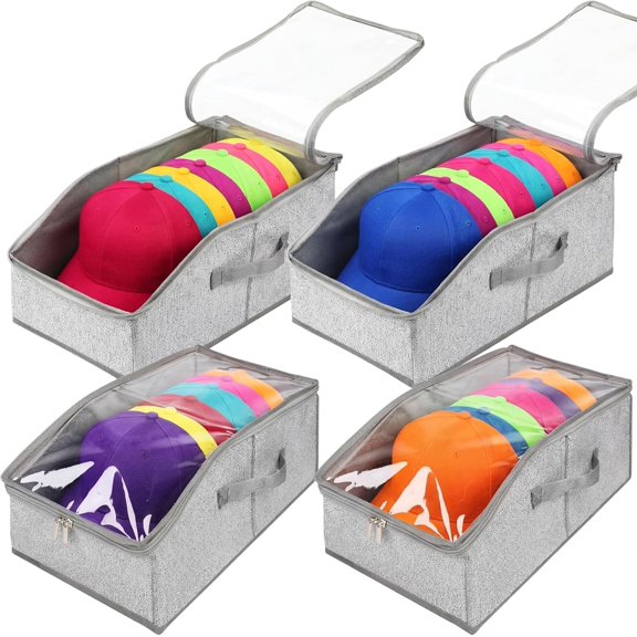 4 count Hat Organizer for Baseball Caps Bulk Stackable Hat Storage for Closet with Clear Window, Hold Up to 48 Caps, Sturdy Snapback Boxes for Men with Cardboard Holder Container Hats Boxes