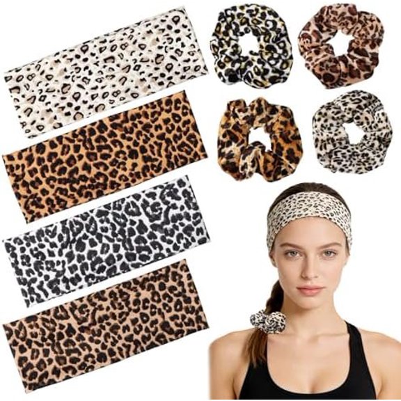 4 count Headband and 4 count Leopard Scrunchie, Wide Thick Leopard Headband Elastic Stretchy Scrunchie Soft Non Slip Headbands for Women Girls Valentines Gifts