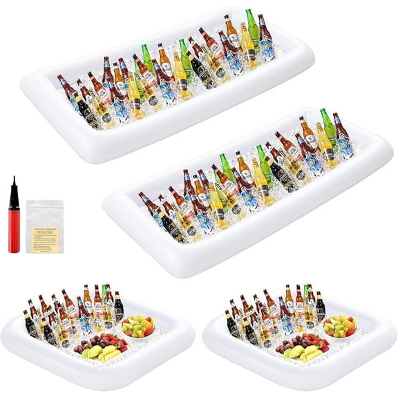 4 count Inflatable Serving Bar, 2 Size Inflatable Buffet Cooler for Party,BBQ,Luau, Salad Ice Tray Drink Containers with Drain Plug and 1 Hand Air Pump