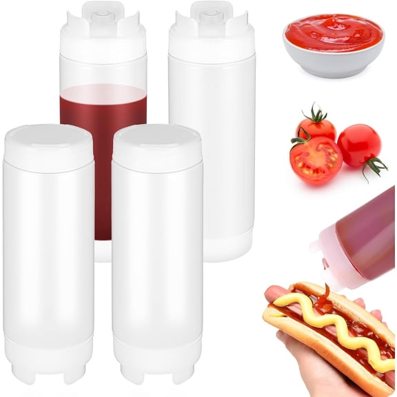 4 count Kitchen Squeeze Bottle, 32 Oz Drizzle Bottle for Sauces & Dressings, No Drip Self-Sealing Mayonnaise Squeeze Bottles, Inverted Refillable Condiment Dispenser for Restaurant, White