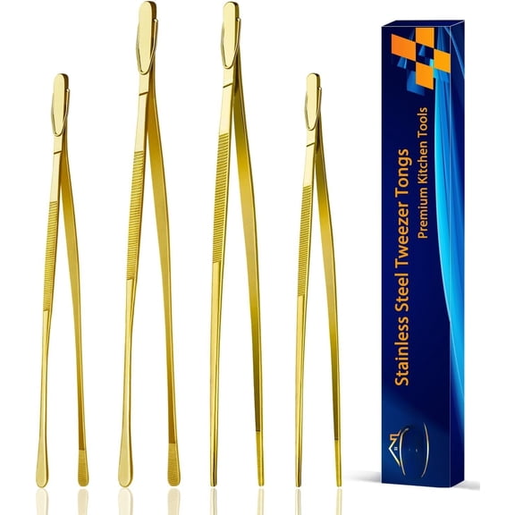 4 count Kitchen Tweezers, 12'' and 10'' Stainless Cooking Tweezers Set, High-Precision Tweezers Tongs for Cooking, Repairing, Seafood and BBQ ()